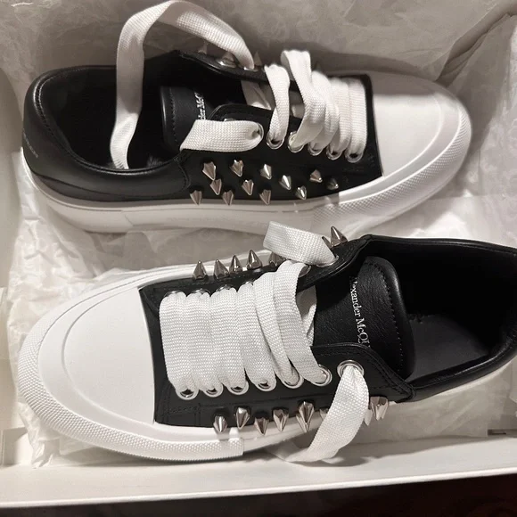 Mens Alexander McQueen Slick Tread Leather Spiked Sneakers Black/White Alexander McQueen Men main image 4